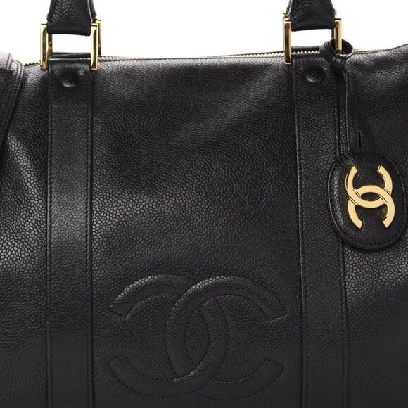 Authentic CHANEL Caviar Leather Large Bowler Bag Travel Bag Duffle Black CC Tote - Picture 5 of 13